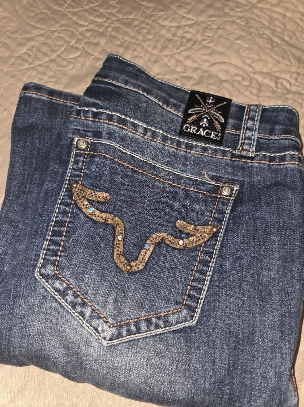 Grace in LA Dark Blue Jeans with Turquoise and Gold Accents